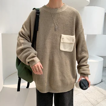 

Winter Sweater Men Warm Fashion Solid Color Casual Knit Sweaters Man Streetwear Loose Long-sleeved Pullover Men Sweter Clothes