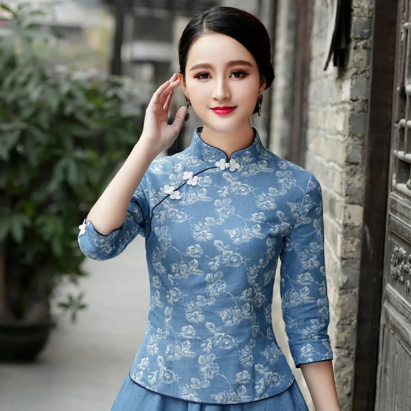 Темно-синяя блузка китайские рубашки деним синий печать цветы Qipao Camisa Китай Mujer классические традиционные Топы