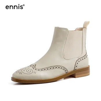 

ENNIS 2019 Oxford Women Boots Genuine Leather Chelsea Boots Low Heel Ankle Boots Flats Black Beige Ladies Autumn Shoes New A9165