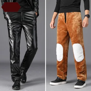 

Mens Winter Fleece Lining Pu Leather Pants Windproof Straight Loose Fit Motorcycle Long Trousers Plus Size Faux Leather Pants