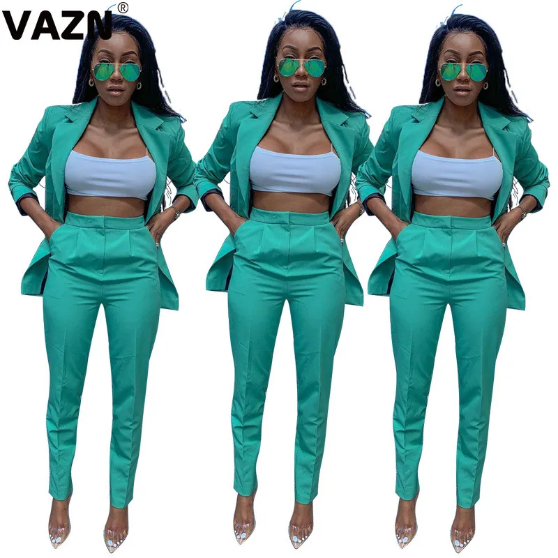 VAZN осень, спортивный однотонный Повседневный Спортивный костюм для женщин, деловой бандаж, комплект из 2 предметов, полный рукав, длинные штаны, комплекты для молодых девушек - Цвет: Зеленый