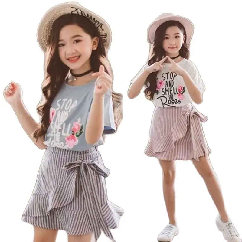 

Children's Clothing Summer Fashion Girls Short-Sleeved Skirts Summer New Big Children's Girls Casual Skirts 2-Piece Suit