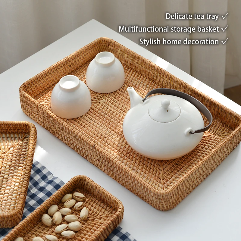 Handwoven Rattan Storage Tray Square Wicker Basket Bread Food Plate Fruit Cake Platter Dinner Serving Tray Kitchen Decoration wooden serving tray,kitchen tray,bamboo organizer tray