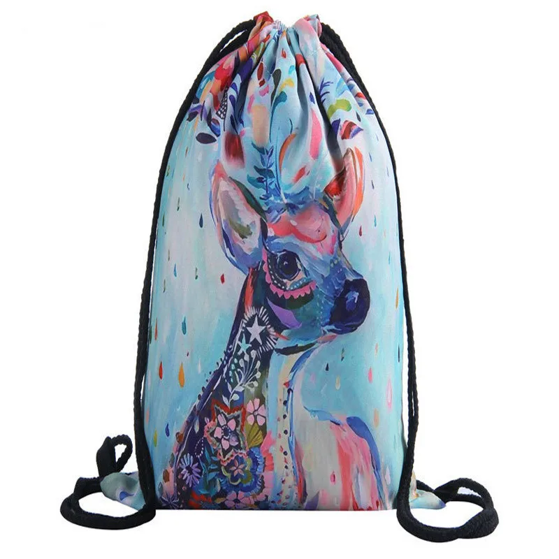 

3D Printing Colorful Deer Girls Student Drawstring Backpack Fullprinting New Fashion Women Drawstring Bag