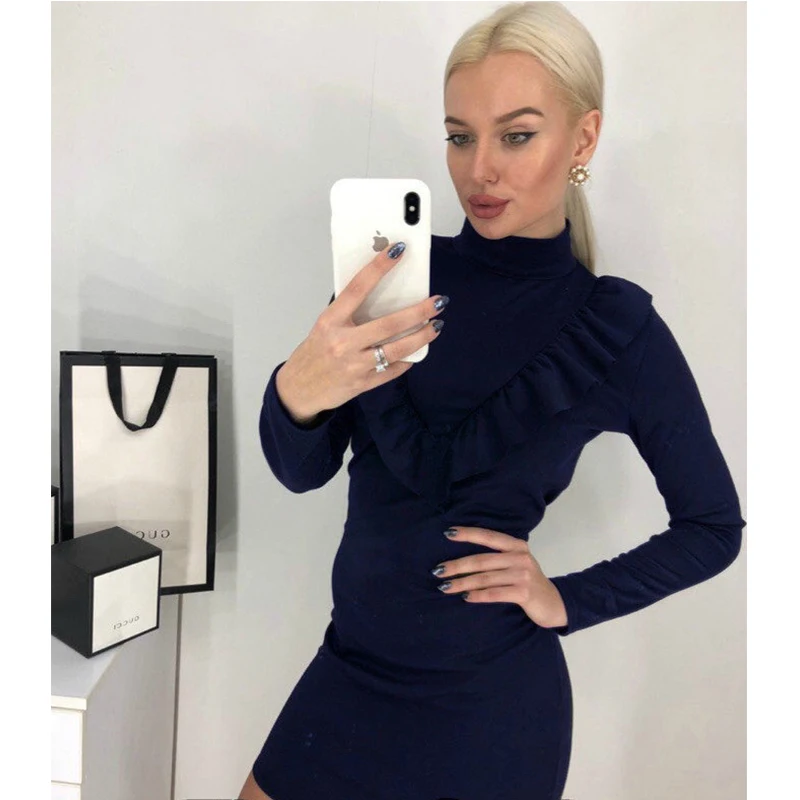 dark blue Женское сексуальное обтягивающее платье с оборками, женское элегантное платье с длинным рукавом, Осень-зима, модное повседневное однотонное облегающее мини-платье, вечерние платья - Цвет: dark blue