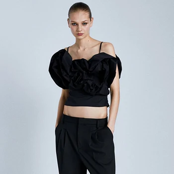 

ZA New Women Tops Fashion Straight Collar Sleeveless Sling Ruffled Solid Color Top Stretch Design Zipper Closure For Women Tops