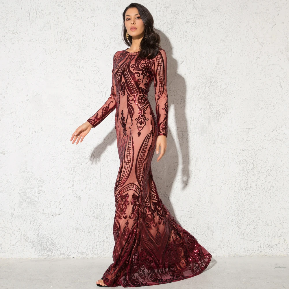 Бургундское с блестками О-образным вырезом с длинными рукавами макси платье Элегантное в пол стрейч вечернее платье осень зима