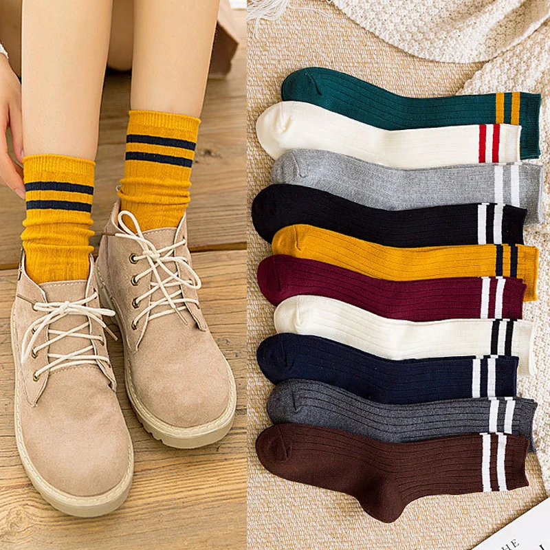 

Crew Striped School Colorful Harajuku Yellow Socks Girls Women Cute Funny High Designer Sox White Retro Cotton Japanese Loose
