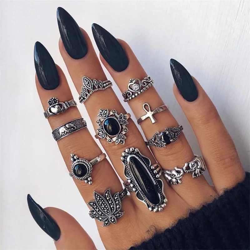 11 Pcs/set Bohemian Retro Elephant Lotus Crystal Heart Silver Color Rings Set Ladies Jewelry Wedding Accessories Engagement Ring | Украшения