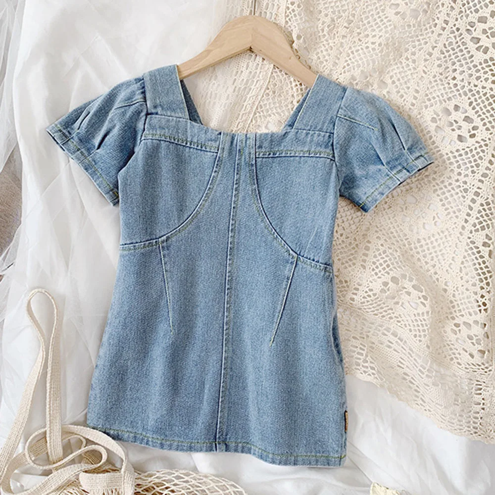Hollead Children Denim Dresses Girls Casual Mini Short Soft Jeans Clothing Summer Puff Sleeve Costume 2-8 Years | Детская одежда и