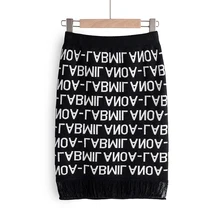 Новинка, корейский стиль, модная юбка с буквенным принтом, прямые черные женские юбки с кисточками