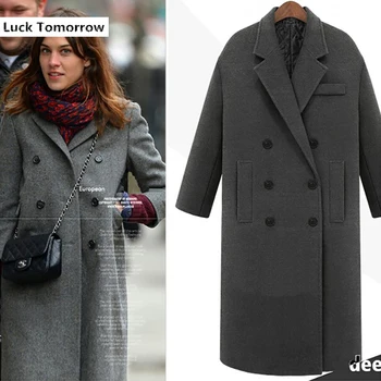 

Autumn Winter Wool Long Coat Jacket Casual Double Breasted Christmas Blazer Outwear Elegant V-neck Women Coat Bayan Mont