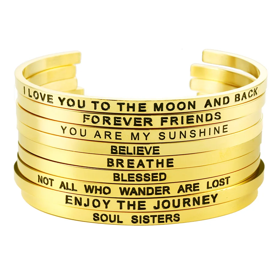 CV3401-GO Gold Plated Inspirational cuff bangle for girls women 316L stainless steel engraved 74 kinds of positive phrases mantra bracelet jewelry (1)