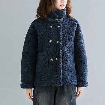 

winter new lamb fur fleece women cotton coat fur liner warm solid turtleneck double breast loose female outwear jackets tops