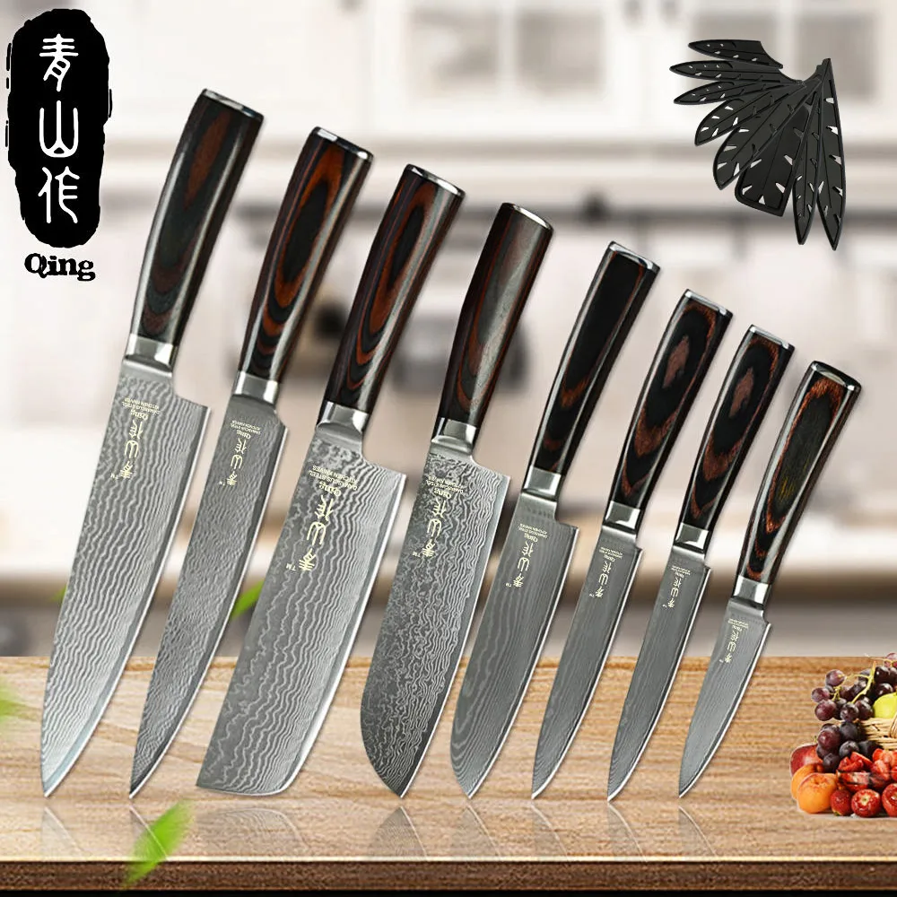 QING бренд очень острый дамасский нож 73 слоя дамасской стали кухонные инструменты цвет деревянной ручкой кухонный нож набор Бесплатный нож Крышка - Цвет: 8 Pcs Knife Set