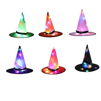 

6pcs Halloween Witch Hat with LED Light Glowing Witches Hat Hanging Halloween Decor Suspension Tree Glowing Hat for Kids
