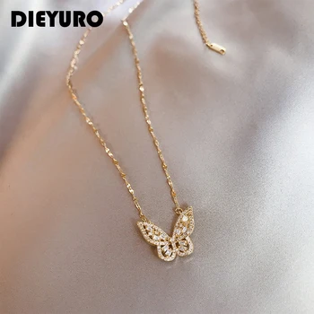 Diyyuro 316L 스테인레스 스틸 절묘한 화려한 나비 쇄골 체인 빛나는 지르콘 웨딩 쥬얼리 액세서리 기념일