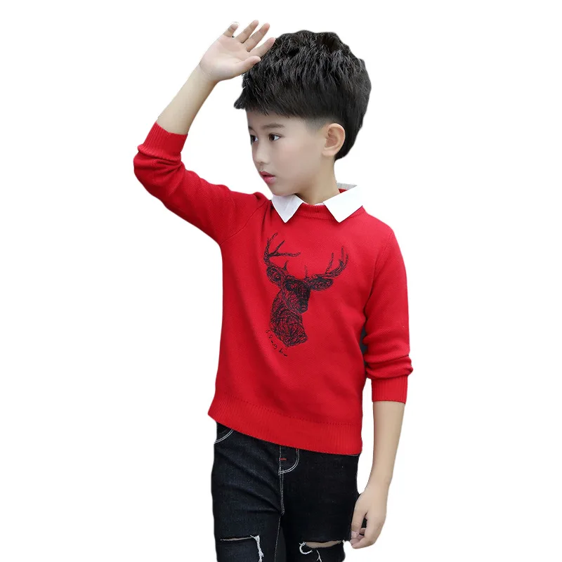 

Boys' Sweater Fake Two-Piece Brushed And Thick Pullover Shirt Collar Sweater Big Kid Base Shirt Baby Cotton Knitwear Embroidery