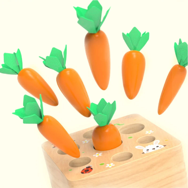 

1Pc Cute Baby Montessori Toys Wooden Block Set Pulling Carrot Ability Shape Matching Size Cognition Educational Toy For Children