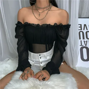 

Hot Trendy Women clothes Off Shoulder transparent long sleeve Jumpsuit Stretch Leotard Polyester Bodysuit one pieces