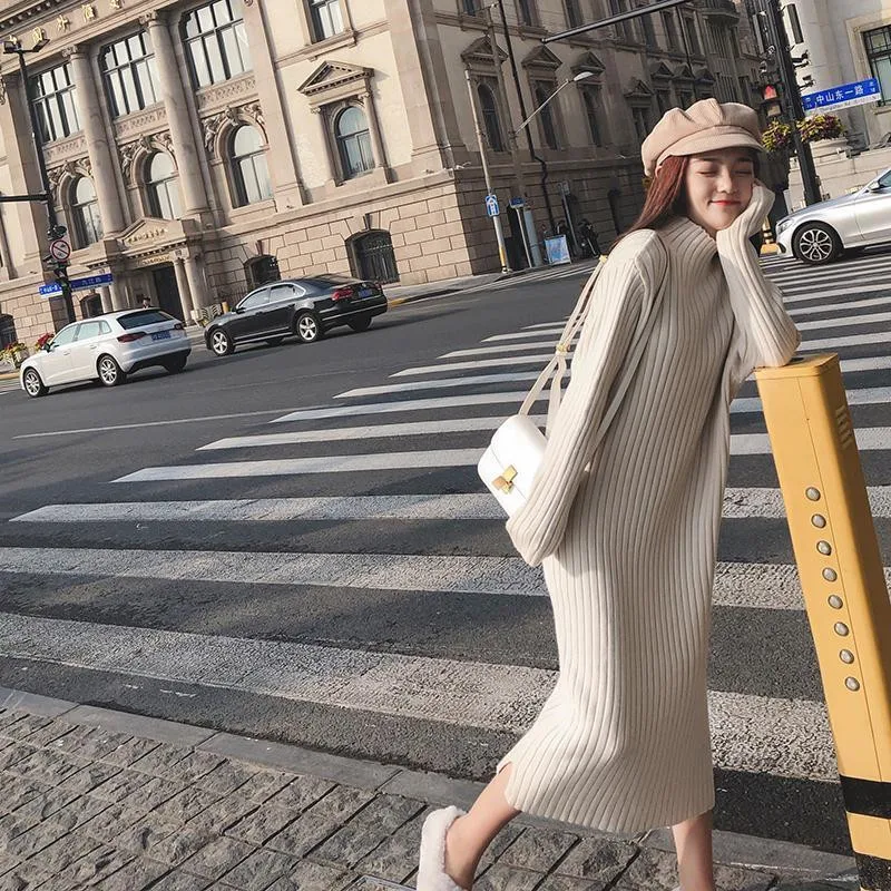 Basic Turtleneck Straight Knitted Dress Women 2019 Casual Fashion Elasticity Maxi Split Party Dress Winter Warm Sweater Vestito