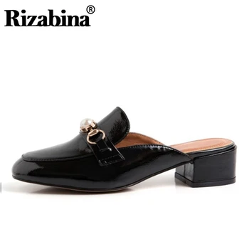 

Rizabina Women Slippers Real Leather Beads Square Toe High Heel Casual Shoes Women Fashion Office Lady Dress Footwear Size 34-40