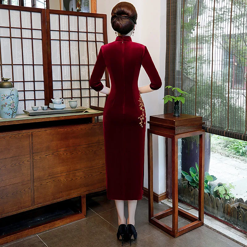Милое Новое китайское платье с бусинами для молодых леди Qipao, новинка, С Вырезанным воротником, ретро, бордовый чонсам, большие размеры, 3XL-4XL, Vestidos
