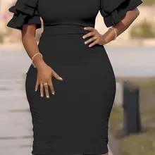 VAZN AWE5064 New Latest Style Mature Age Plus Size Office Untidy Short Sleeve High Waist Elastic Women Pencil Thin Midi Dress