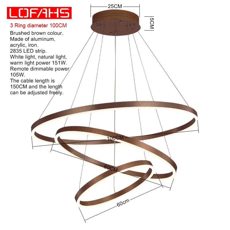 LOFAHS современный роскошный светодиодный потолочный светильник Liustra, потолочный светильник для гостиной, столовой, kattokruunu Deckenlicht sufitowe Lustr - Цвет корпуса: Brown 3 Ring D100CM