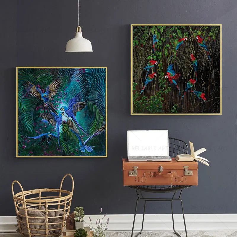 Abstract Canvas Painting Red Blue Macaw Colourful Parrots Posters Bird Wings Rainforest Wall Art for Living Room Decor Cuadros