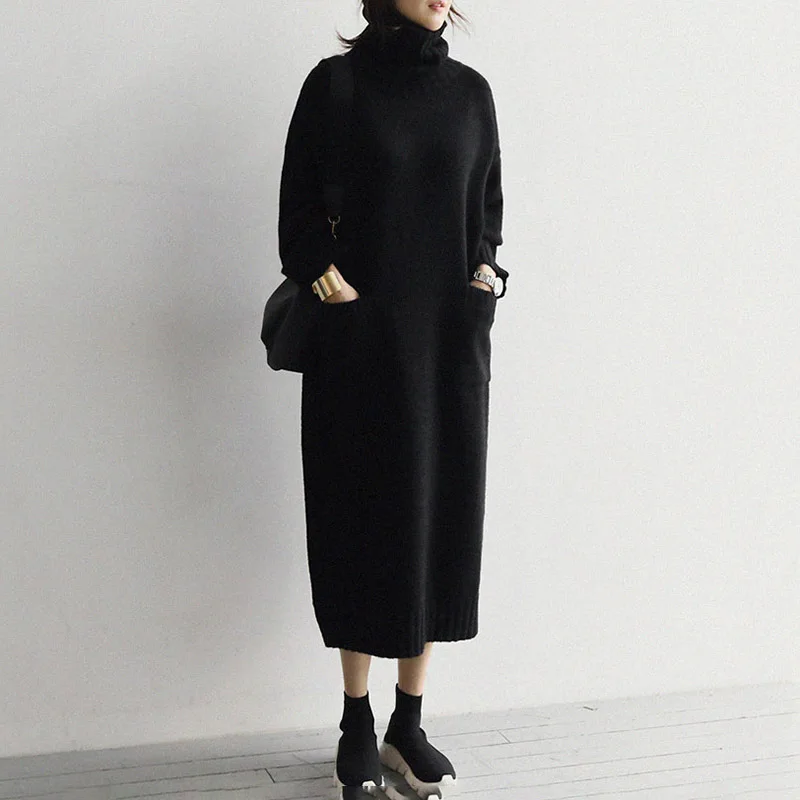 Серое черное платье-свитер с высоким воротом, женское платье с карманом, осенне-зимнее корейское толстое вязаное длинное платье, элегантное теплое платье миди V590