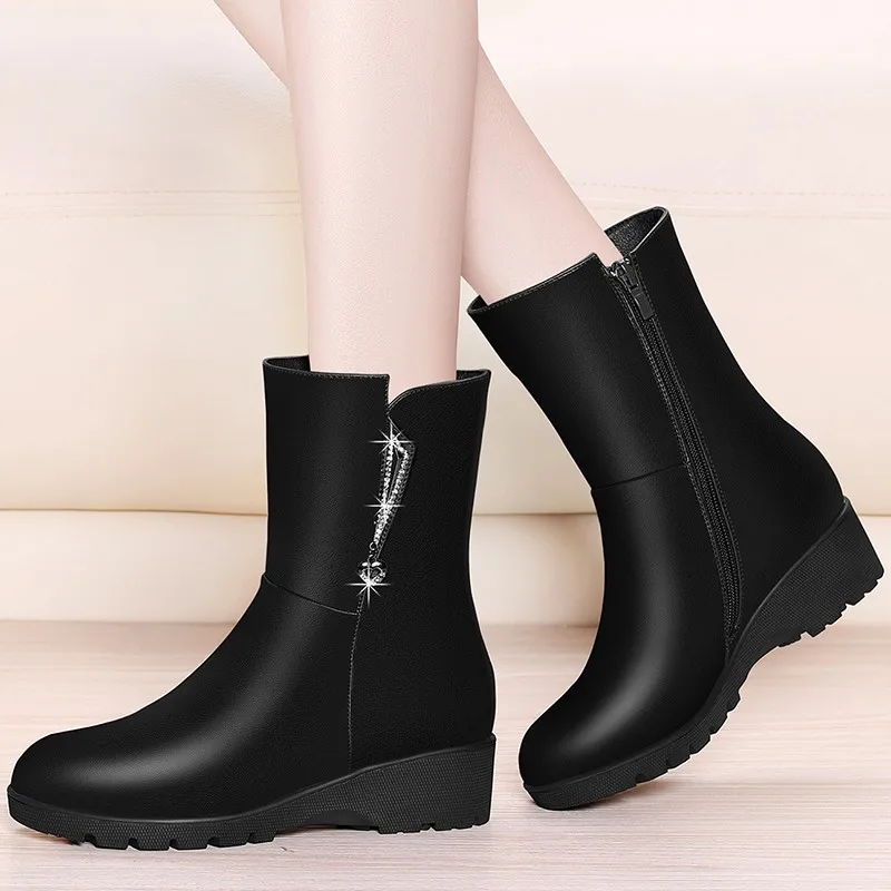 

New Rhinestone Mid Calf Boots Black Red Fashion Round Toe Casual Party Martin Boots Winter Wedges Snow Boots For Women YG-B0044