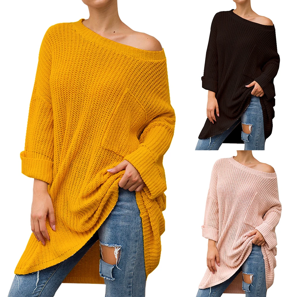

WENYUJH 2019 Jumper Women Winter Solid Color Casual Loose O-neck Batwing Sleeve Pullovers Long Female Oversized Knitted Sweaters