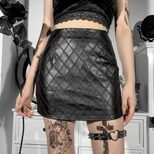 

Pu Leather Gothic Straight Skirt Y2k Women Punk Grunge Sexy High Waist Plaid Skirt E Girl Solid Black Street Casual Party Wear