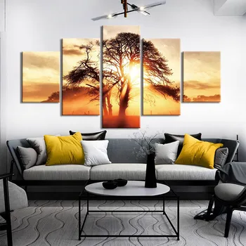 

5 Panel Canvas Painting Sunset Tree Landscape Poster Home Decor Wall Art Posters And Prints Decorative Picture Painting
