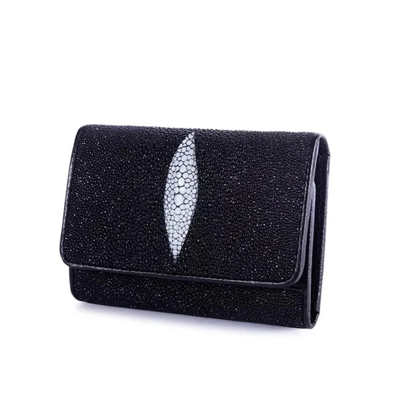 Genuine Stingray Leather Credit Card Bifold Wallet With Coin Purse Black 2 Pearls