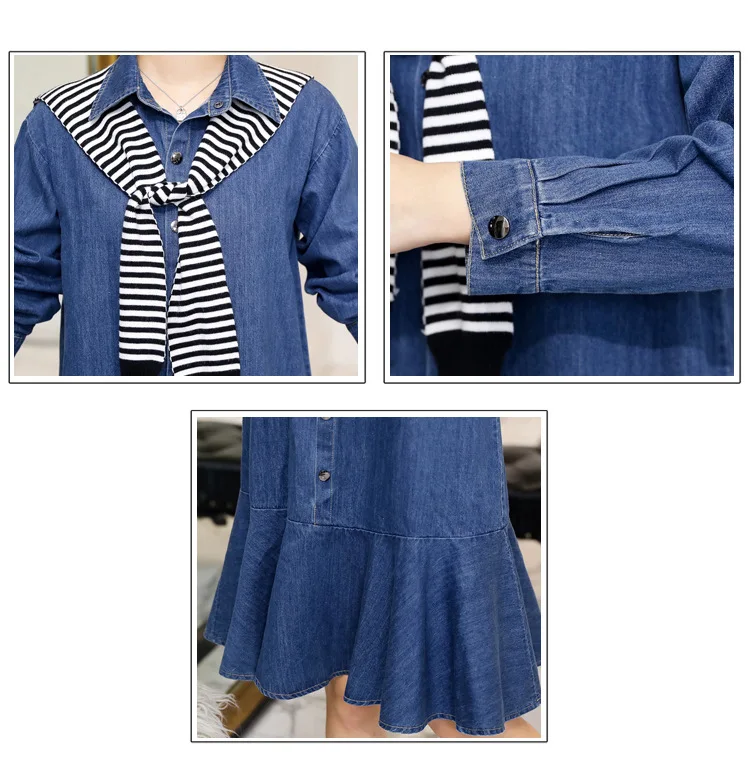 WLG/платья для мамы и дочки; одежда для семьи; осеннее джинсовое синее платье с оборками; полосатая шаль