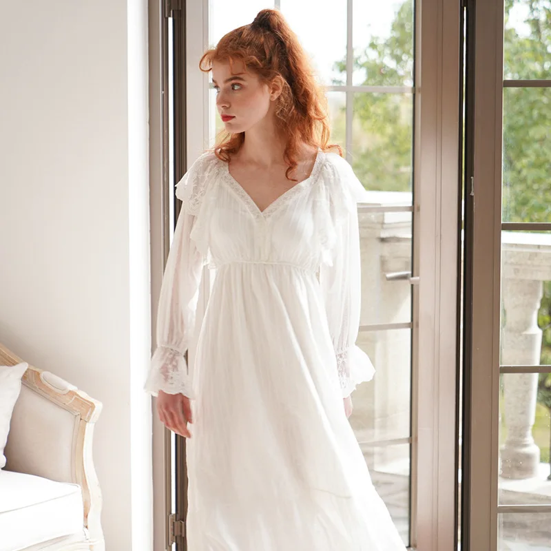 Сексуальная ночная рубашка в викторианском стиле, ночная рубашка в винтажном стиле, ночная рубашка с длинным рукавом, белая Хлопковая пижама, женская ночная рубашка