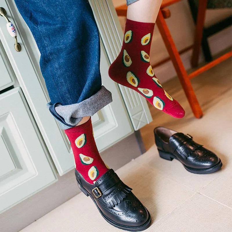 Женские носки, Забавные милые Мультяшные носки с фруктами, бананами, авокадо, лимоном, яйцом, печеньем, пончиками, едой, счастливым японским Харадзюку, скейтбордом