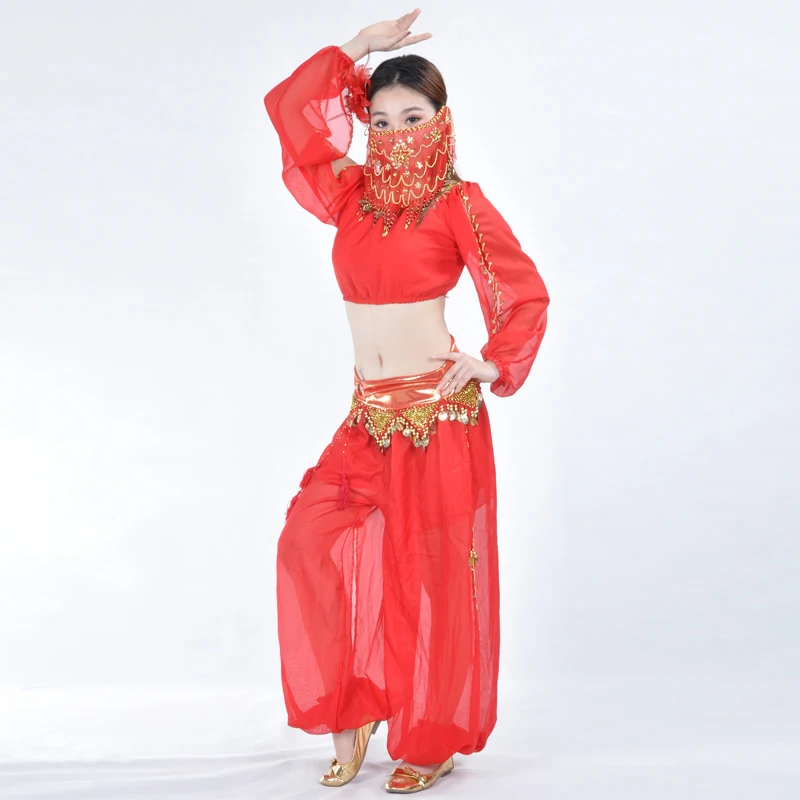 Болливуд набор костюма для танца живота индийское сари танец живота брюки костюм женский сексуальный шифон вуаль танец живота представление Блум костюм - Цвет: Red