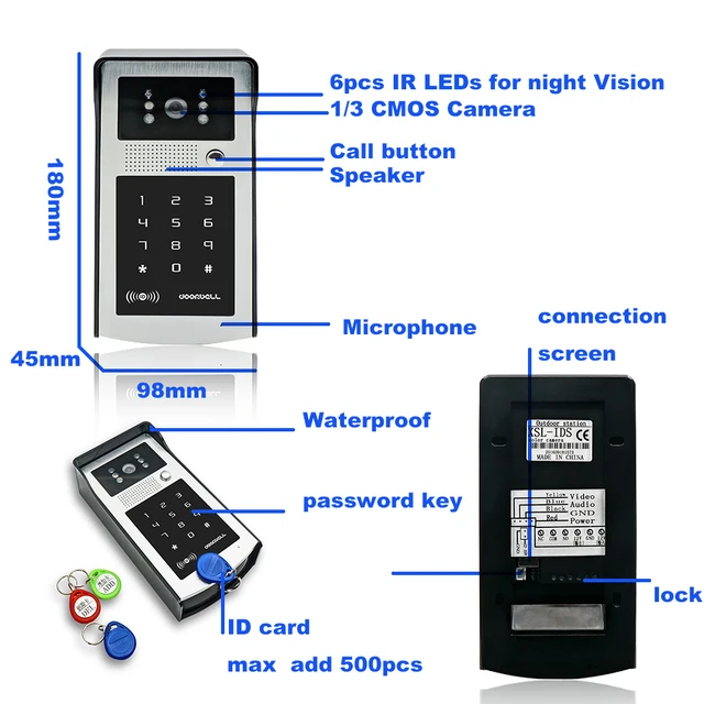 New 7 inch Color Screen Video Door Phone Video Intercom Kit + Touch Outdoor RFID Code Keypad Number Doorbell Camera 1 Monitors 5
