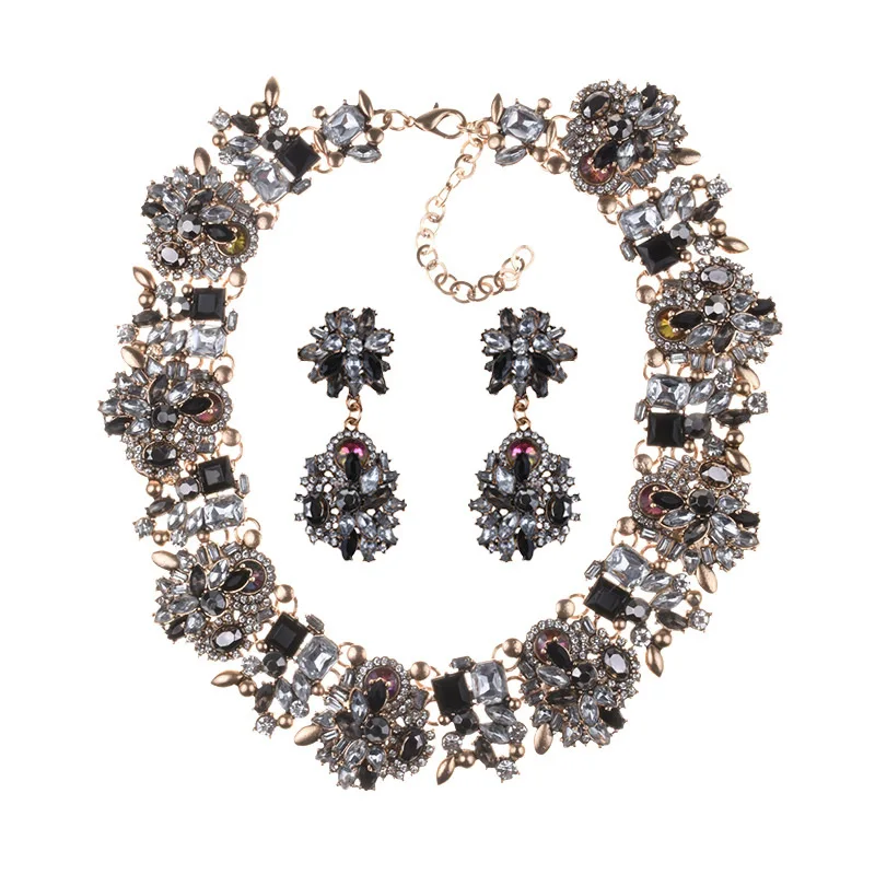 Luxury Crystal Rhinestone Necklace Earrings Jewelry Sets Women Large Collar Statement Choker Necklace Female Big Bib Necklaces - Окраска металла: Clear Black