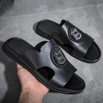 

Genuine Leather Non-slip Slippers Men Beach Sandals Comfortable Summer Shoes Men Slippers Classics Men Flip Flops Black White