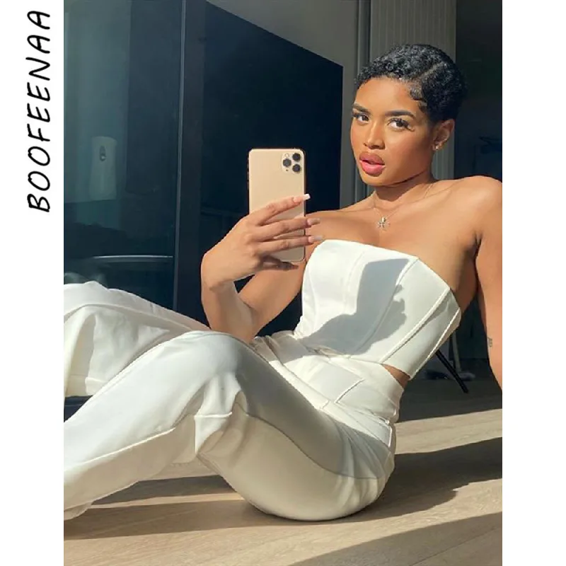 BOOFEENAA Elegant White Two Piece Set Women Bustier Crop Top and Bell Bottom Pants Sexy Vacation Outfits Party Clubwear C18-EI45 |