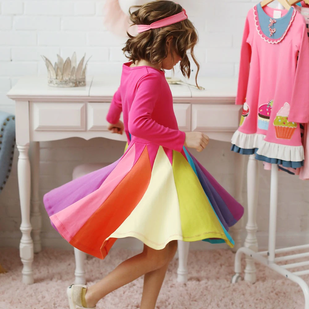 Girls Multi Color A-Line Princess Dress 2020 Spring Baby Kids Children Long Sleeve Soft Cute Pink Party Vestido Clothes For 1-5T