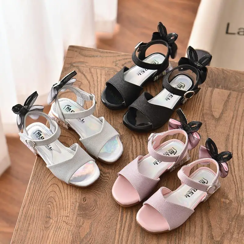 

Girls summer princess sandals children cute bow fashion sandals lace bow high heel flower girl shoes