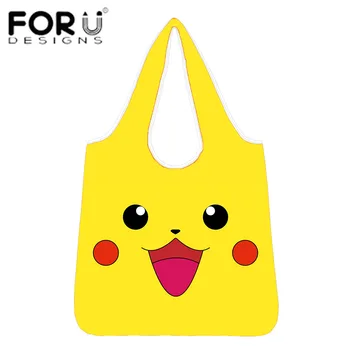 

FORUDESIGNS Women Yellow Reusable Grocery Bags Cute Pikachu Face Design Washable Foldable Shopping Tote Bags Sturdy Lightweight