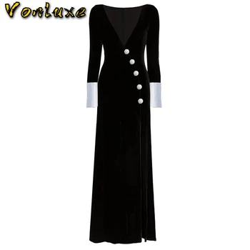 

Luxury Night Club Dress Women Long Sleeve Black Velvet Dresses Plus Size High Split Sexy V Neck Formal Celebrity Party Vestidos