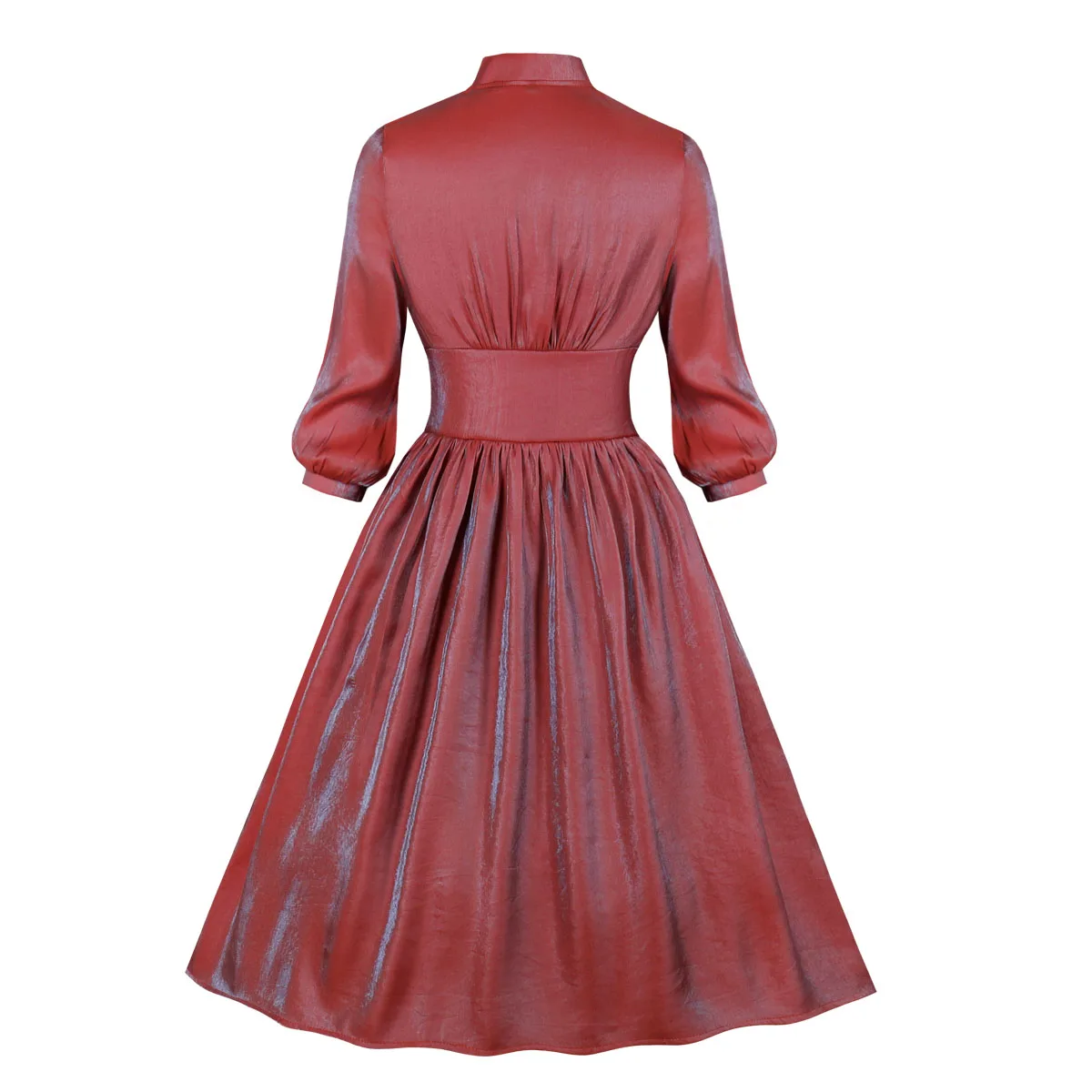 Элегантное женское платье с высокой талией 40 s, женское платье с рукавами-фонариками 3/4, винтажное платье на пуговицах, красное, серебряное, 1940 s, однотонное платье