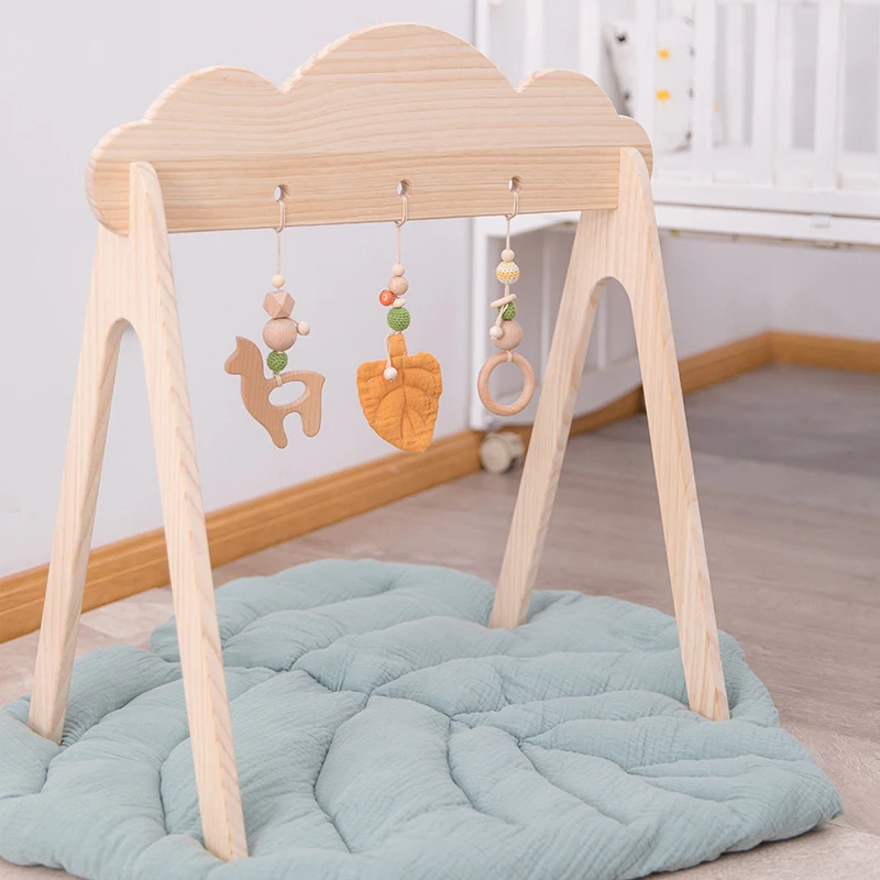 Baby Wooden Teether Gym Play Toys Cotton Leaves Mat Natural Wooden Rodent Stroller Chain Hanging Baby Toy Mobile Bed Holder Gift